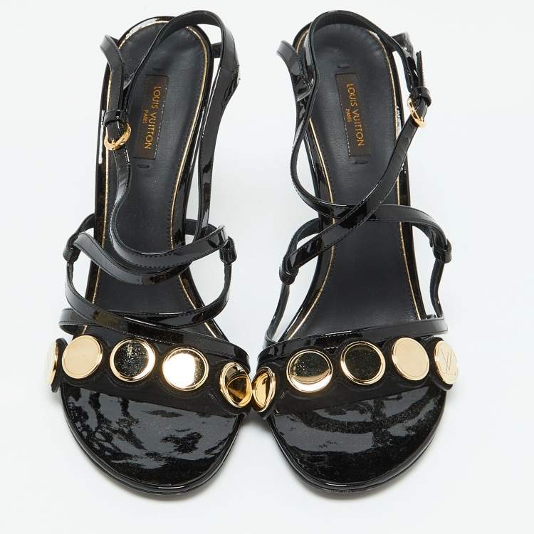 Pre Owned Louis Vuitton Black Patent Leather Criss Cross Strappy Sandals Size 40