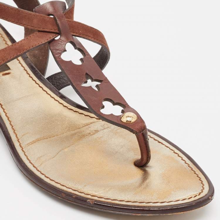 Pre Owned Louis Vuitton Brown Suede Thong Flat Sandals Size 37