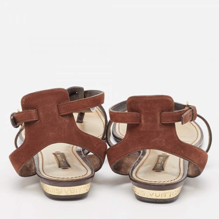 Pre Owned Louis Vuitton Brown Suede Thong Flat Sandals Size 37