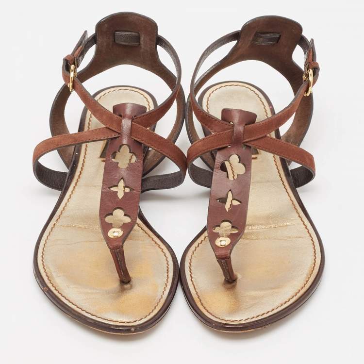 Pre Owned Louis Vuitton Brown Suede Thong Flat Sandals Size 37
