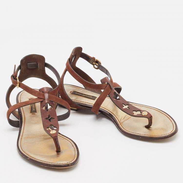 Pre Owned Louis Vuitton Brown Suede Thong Flat Sandals Size 37