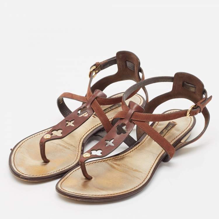 Pre Owned Louis Vuitton Brown Suede Thong Flat Sandals Size 37