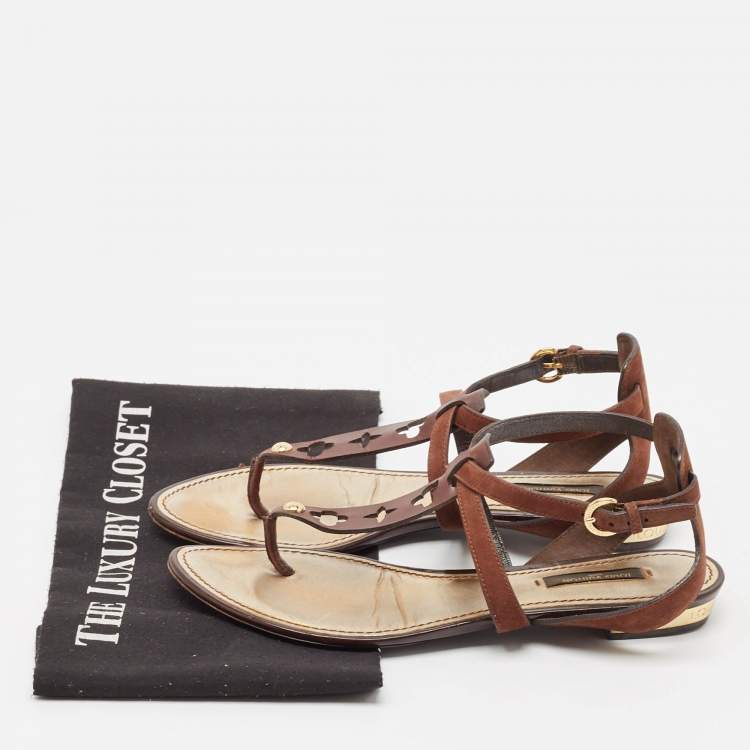 Pre Owned Louis Vuitton Brown Suede Thong Flat Sandals Size 37