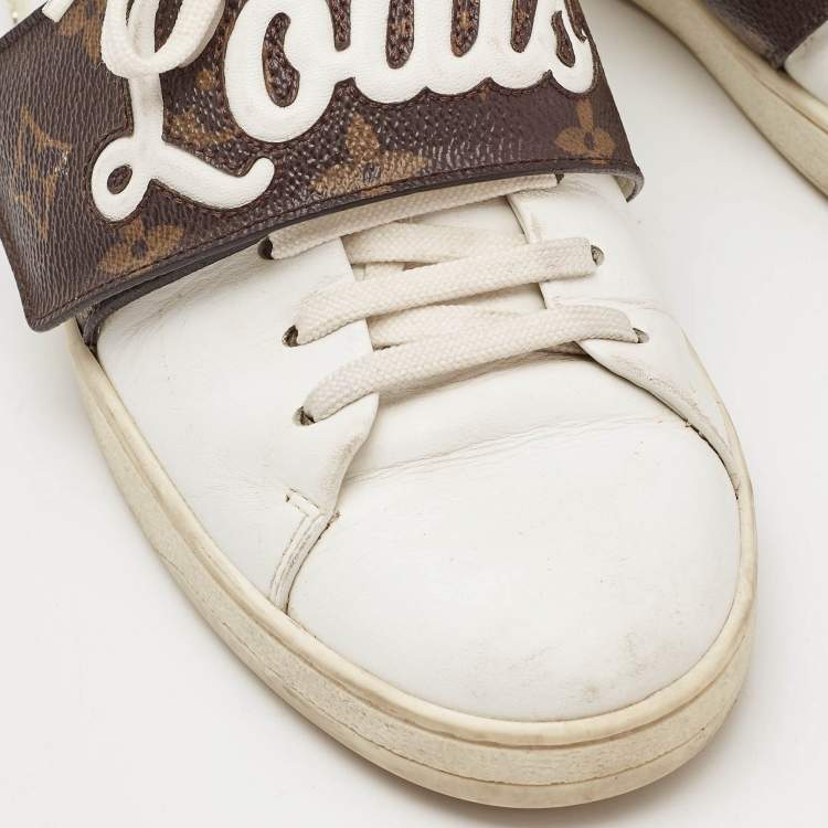 Pre Owned Louis Vuitton White/Brown Monogram Canvas and Leather Frontrow Sneakers Size 36