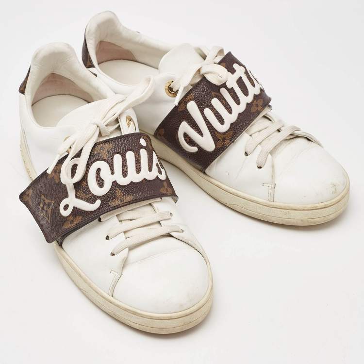 Pre Owned Louis Vuitton White/Brown Monogram Canvas and Leather Frontrow Sneakers Size 36