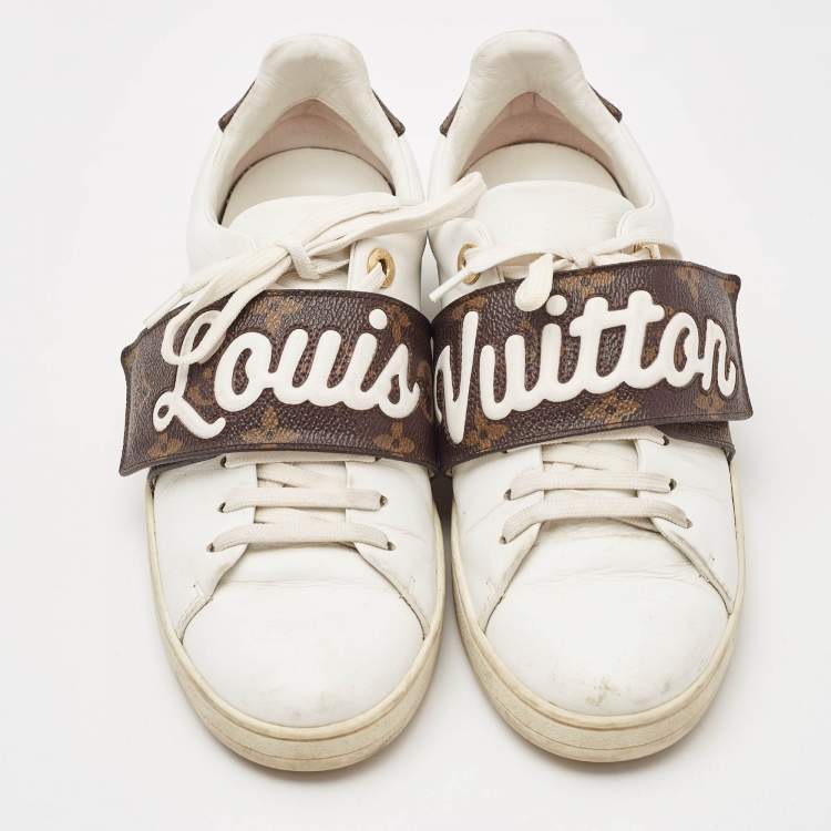 Pre Owned Louis Vuitton White/Brown Monogram Canvas and Leather Frontrow Sneakers Size 36