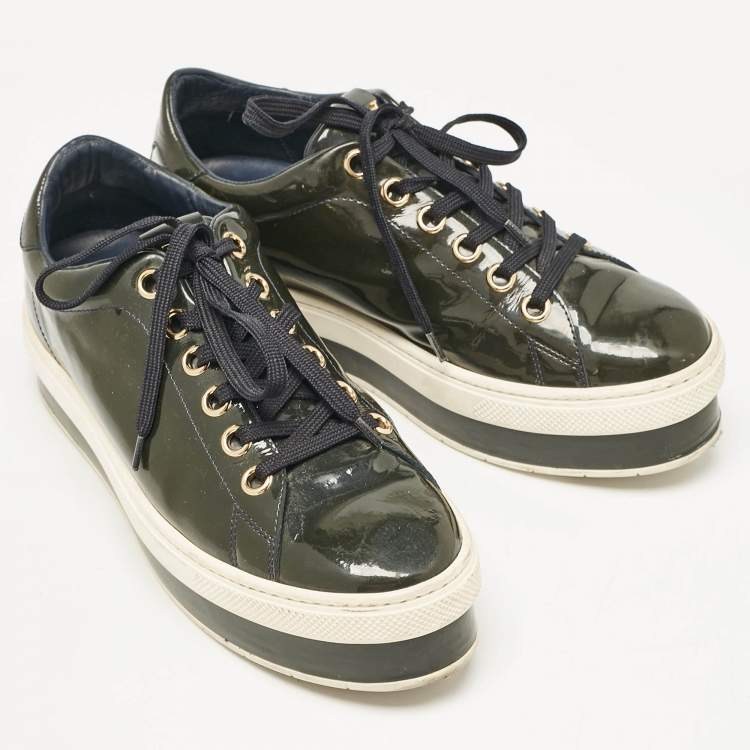 Pre Owned Louis Vuitton Dark Green Patent Leather Lace Up Sneakers Size 37.5
