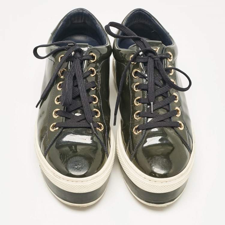 Pre Owned Louis Vuitton Dark Green Patent Leather Lace Up Sneakers Size 37.5