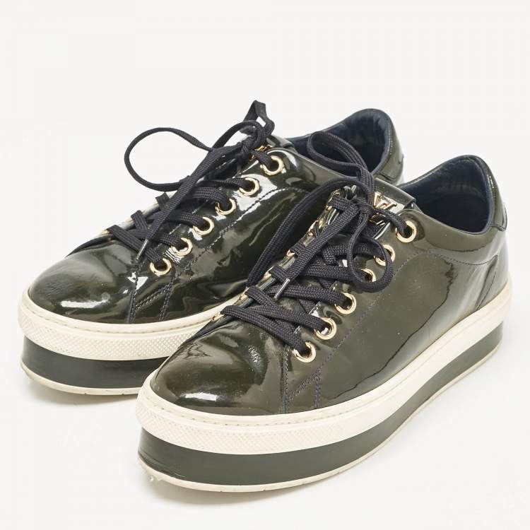 Pre Owned Louis Vuitton Dark Green Patent Leather Lace Up Sneakers Size 37.5