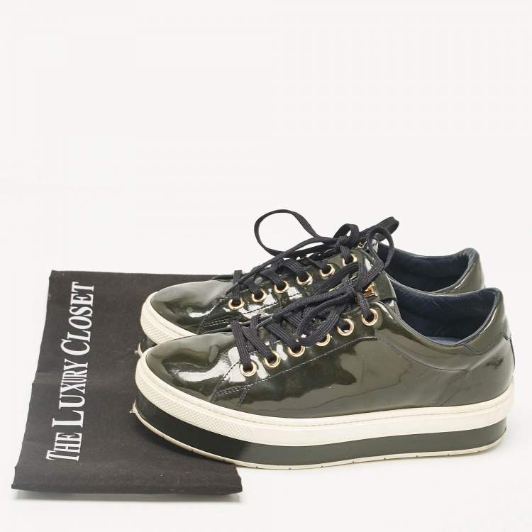 Pre Owned Louis Vuitton Dark Green Patent Leather Lace Up Sneakers Size 37.5