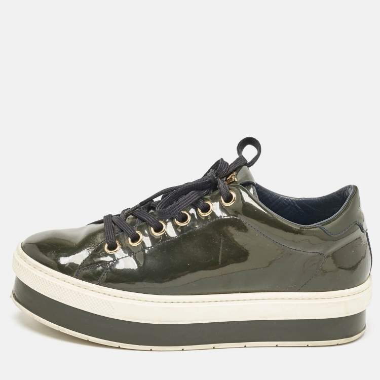 Pre Owned Louis Vuitton Dark Green Patent Leather Lace Up Sneakers Size 37.5