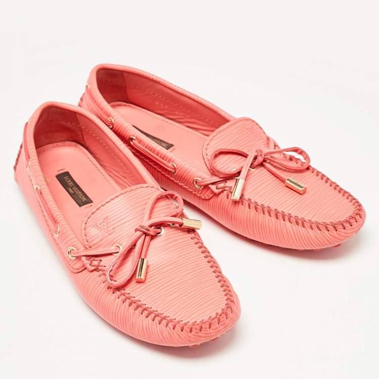 Pre Owned Louis Vuitton Orange Epi Leather Bow Slip On Loafers Size 37