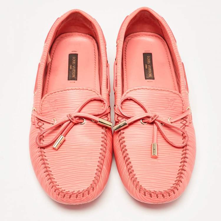 Pre Owned Louis Vuitton Orange Epi Leather Bow Slip On Loafers Size 37