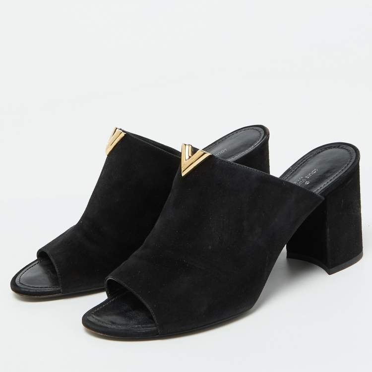 Pre Owned Louis Vuitton Black Suede Bahiana Block Heel Mules Size 39