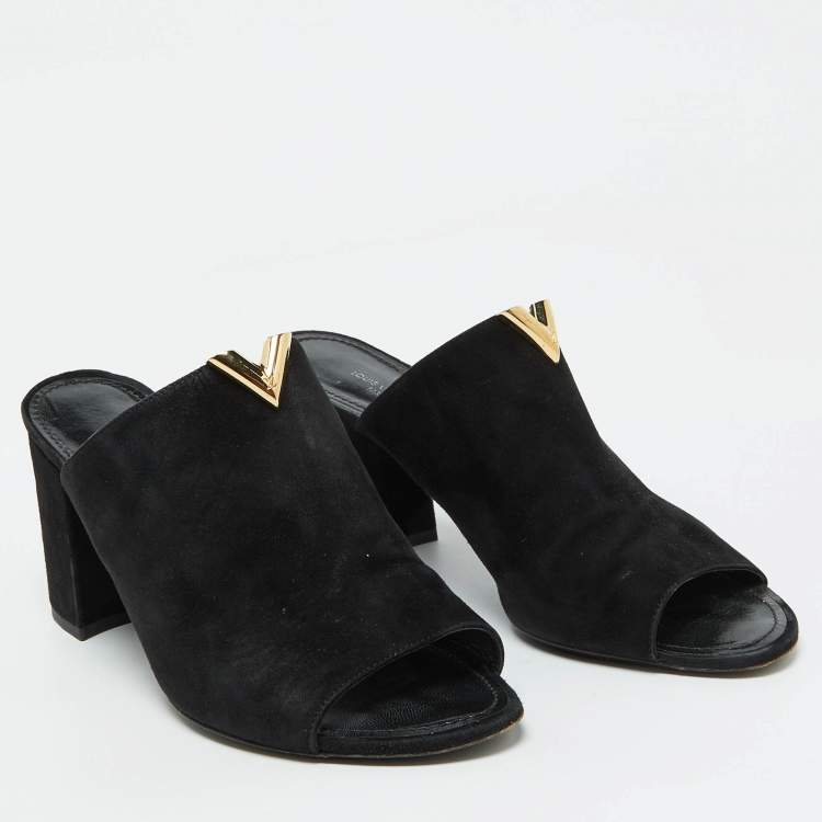Pre Owned Louis Vuitton Black Suede Bahiana Block Heel Mules Size 39