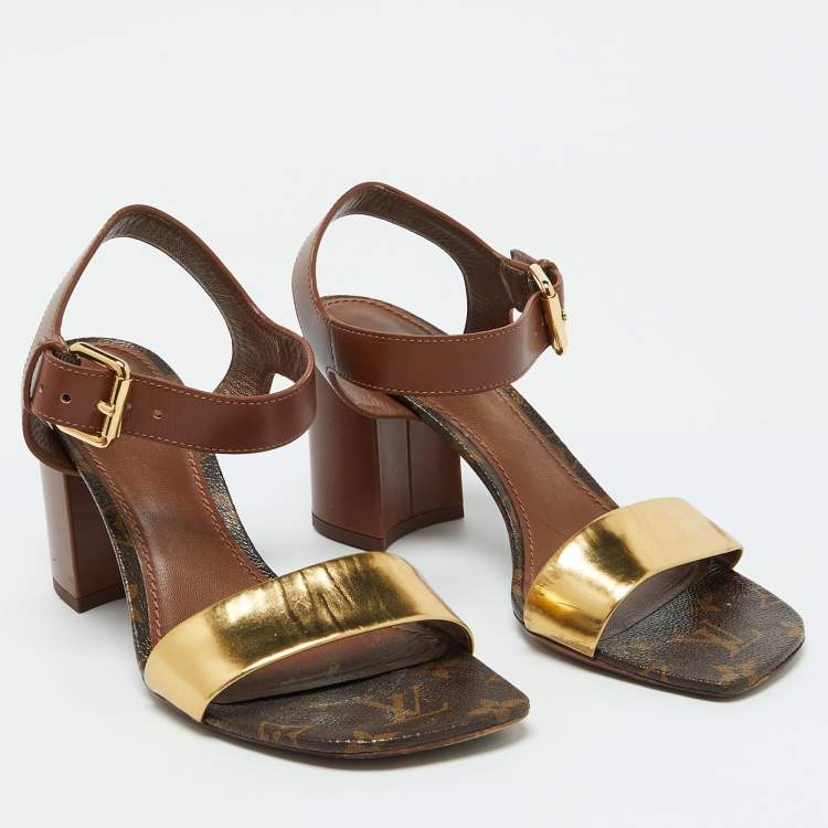 Pre Owned Louis Vuitton Brown/Gold Leather Bloom Ankle Strap Sandals Size 39