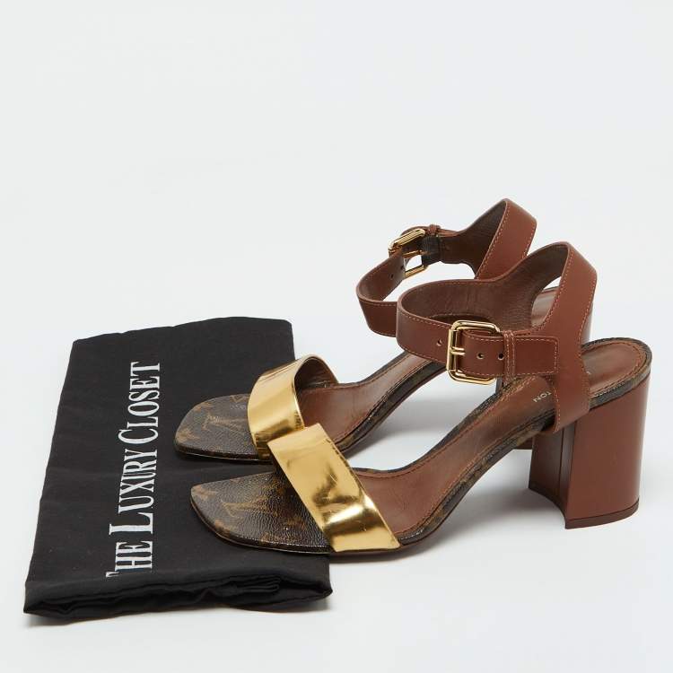 Pre Owned Louis Vuitton Brown/Gold Leather Bloom Ankle Strap Sandals Size 39