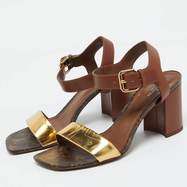 Pre Owned Louis Vuitton Brown/Gold Leather Bloom Ankle Strap Sandals Size 39