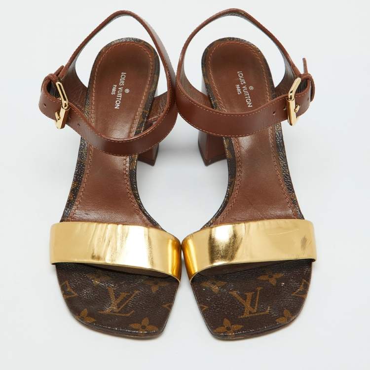 Pre Owned Louis Vuitton Brown/Gold Leather Bloom Ankle Strap Sandals Size 39