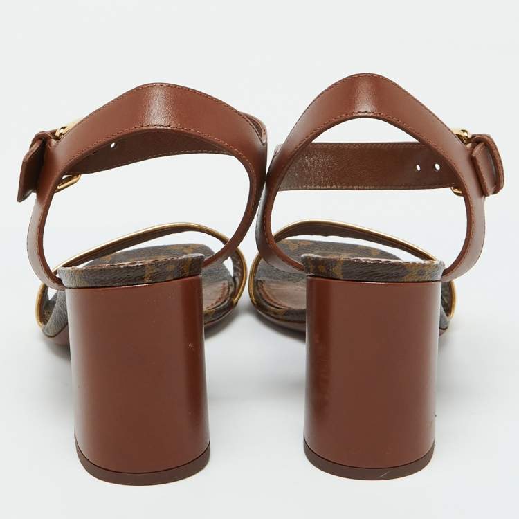 Pre Owned Louis Vuitton Brown/Gold Leather Bloom Ankle Strap Sandals Size 39