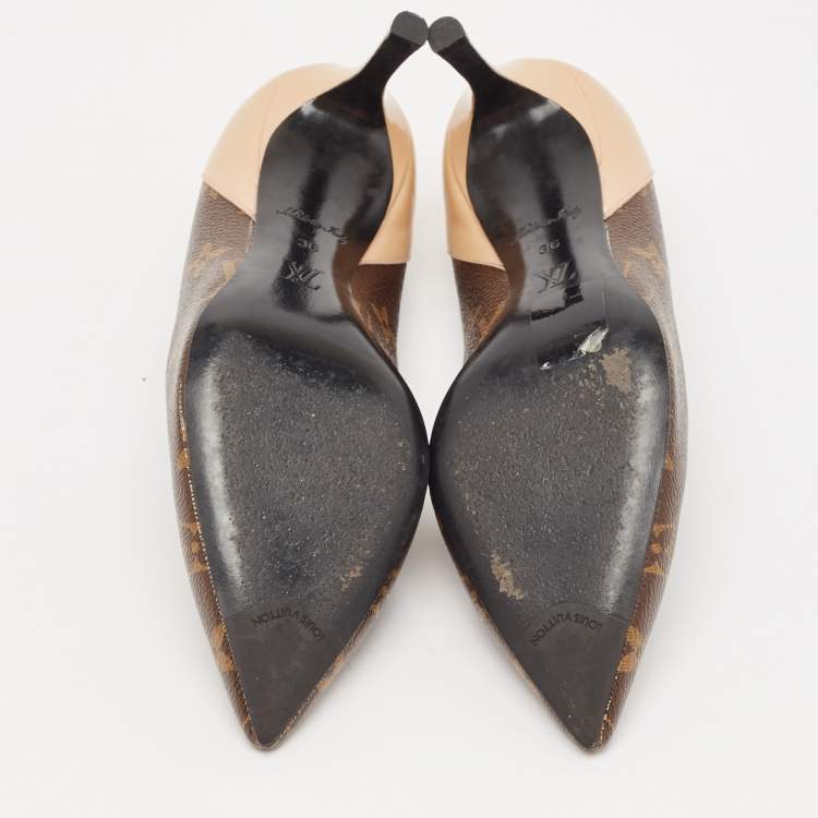 Pre Owned Louis Vuitton Brown/Beige Leather and Patent Leather Chérie Pumps Size 36