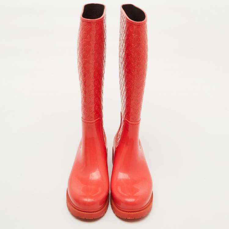 Pre Owned Louis Vuitton Coral Orange Monogram Rubber Splash Rain Boots Size 38