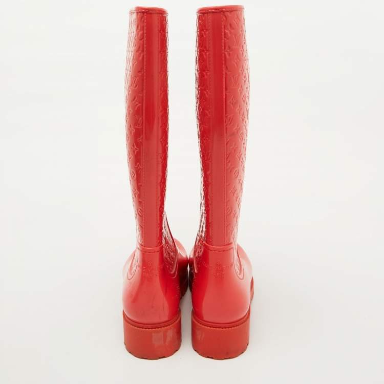 Pre Owned Louis Vuitton Coral Orange Monogram Rubber Splash Rain Boots Size 38