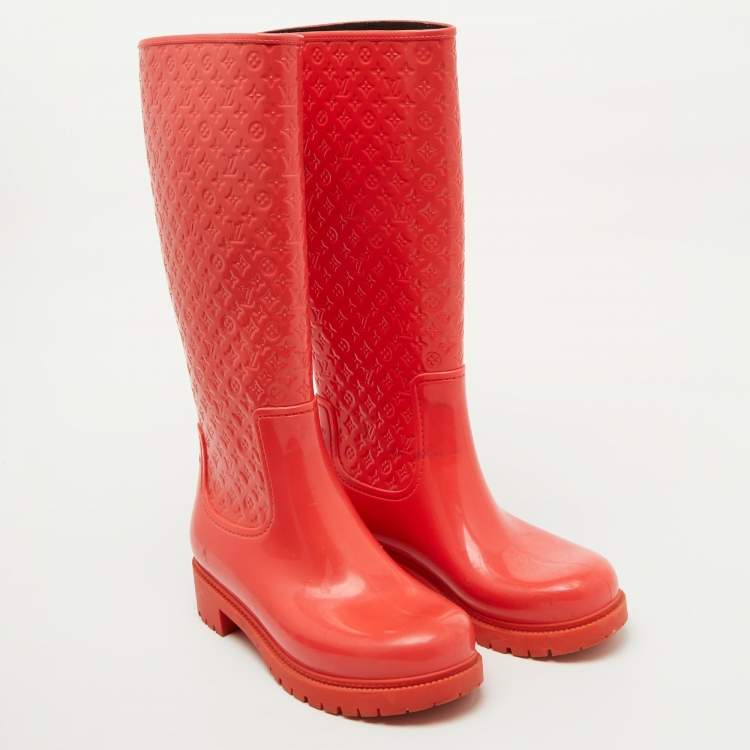 Pre Owned Louis Vuitton Coral Orange Monogram Rubber Splash Rain Boots Size 38