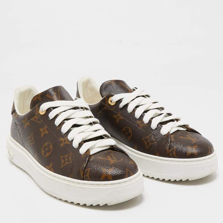 Pre Owned Louis Vuitton Brown Monogram Canvas Time Out Lace Up Sneakers Size 40