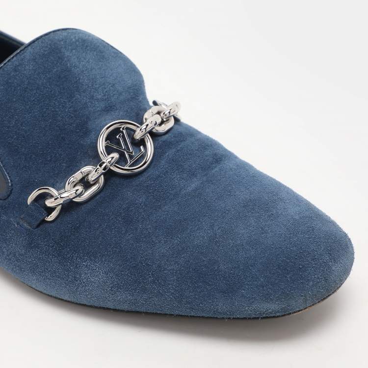 Pre Owned Louis Vuitton Blue Suede Embellished Loafers Size 39