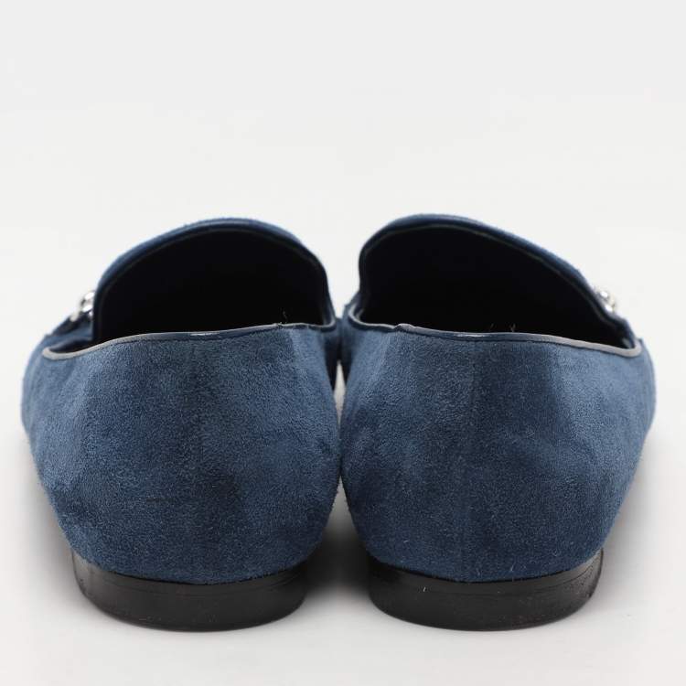 Pre Owned Louis Vuitton Blue Suede Embellished Loafers Size 39