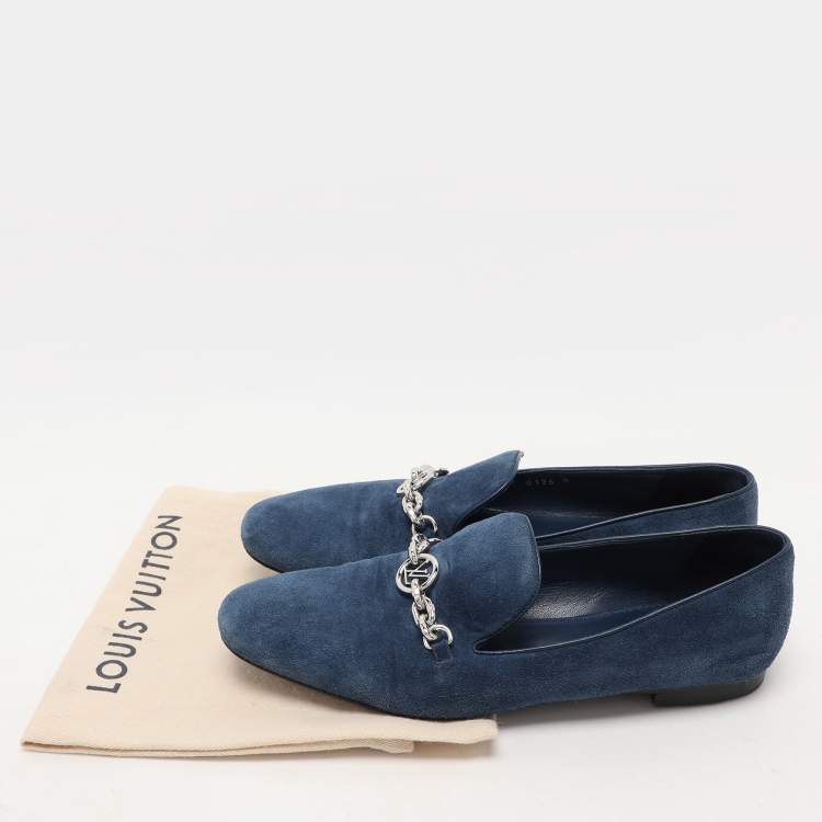 Pre Owned Louis Vuitton Blue Suede Embellished Loafers Size 39