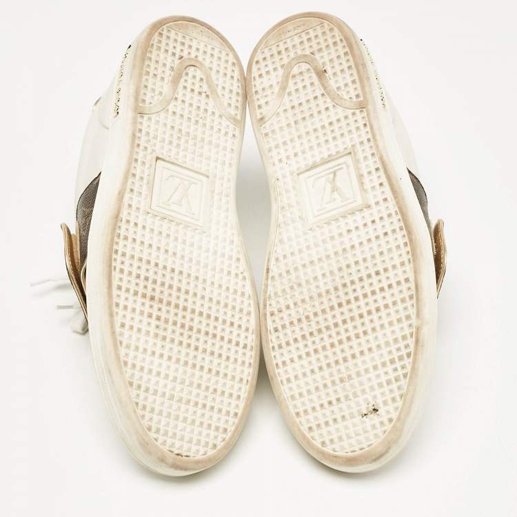 Pre Owned Louis Vuitton White Leather and Monogram Canvas Frontrow Sneakers Size 37