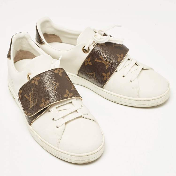 Pre Owned Louis Vuitton White Leather and Monogram Canvas Frontrow Sneakers Size 37