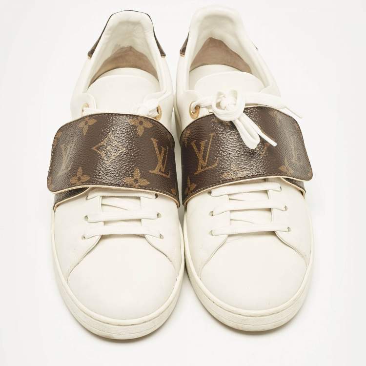 Pre Owned Louis Vuitton White Leather and Monogram Canvas Frontrow Sneakers Size 37