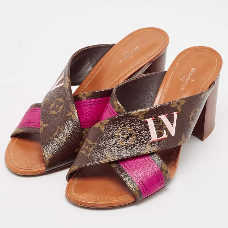 Pre Owned Louis Vuitton Brown/Pink Canvas Panorama Slide Sandals Size 38.5