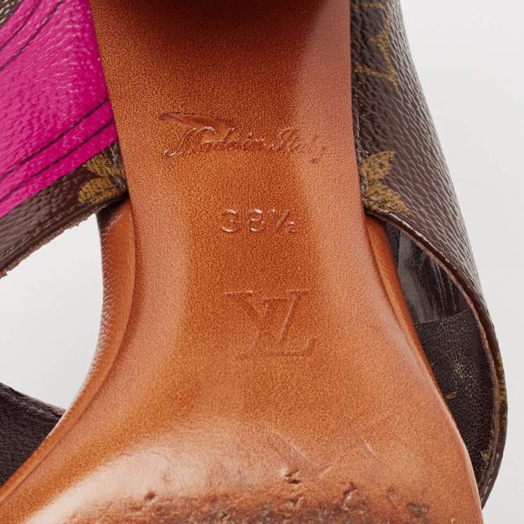 Pre Owned Louis Vuitton Brown/Pink Canvas Panorama Slide Sandals Size 38.5