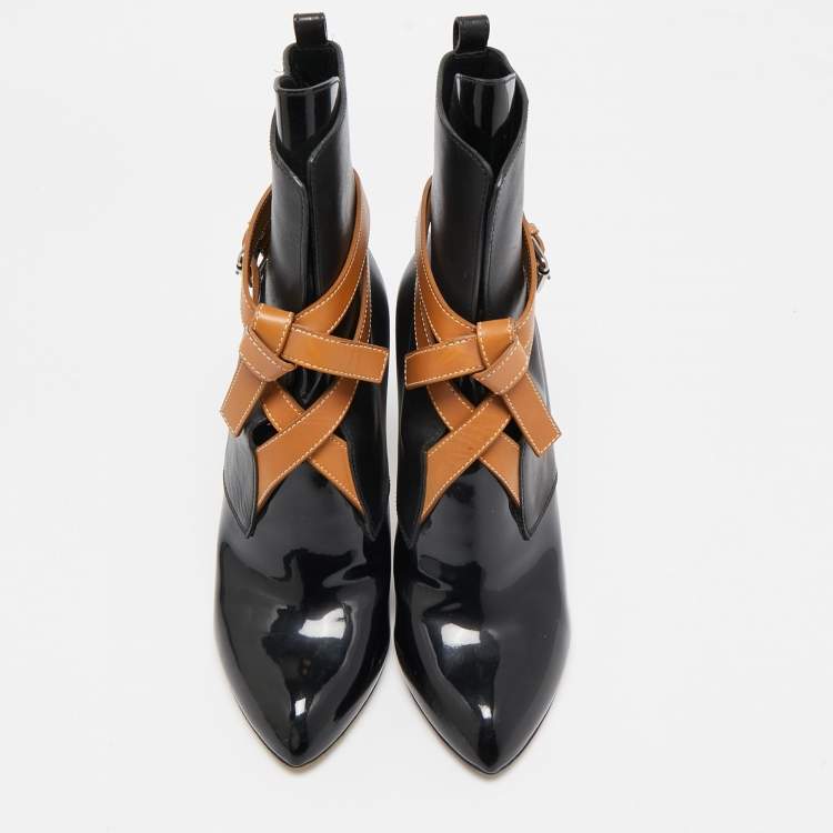Pre Owned Louis Vuitton Black/Brown Leather and Patent Leather Ankle Length Boots Size 38