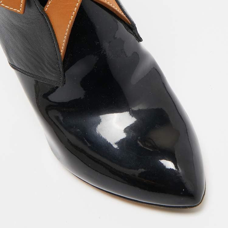 Pre Owned Louis Vuitton Black/Brown Leather and Patent Leather Ankle Length Boots Size 38