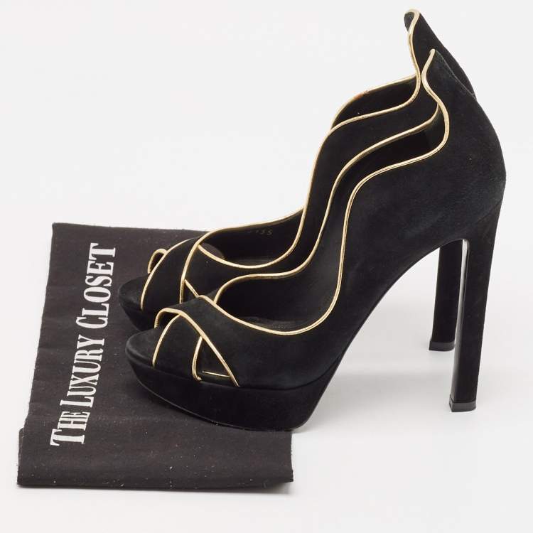 Pre Owned Louis Vuitton Black/Gold Suede Crisscross Peep Toe Pump Size 37.5