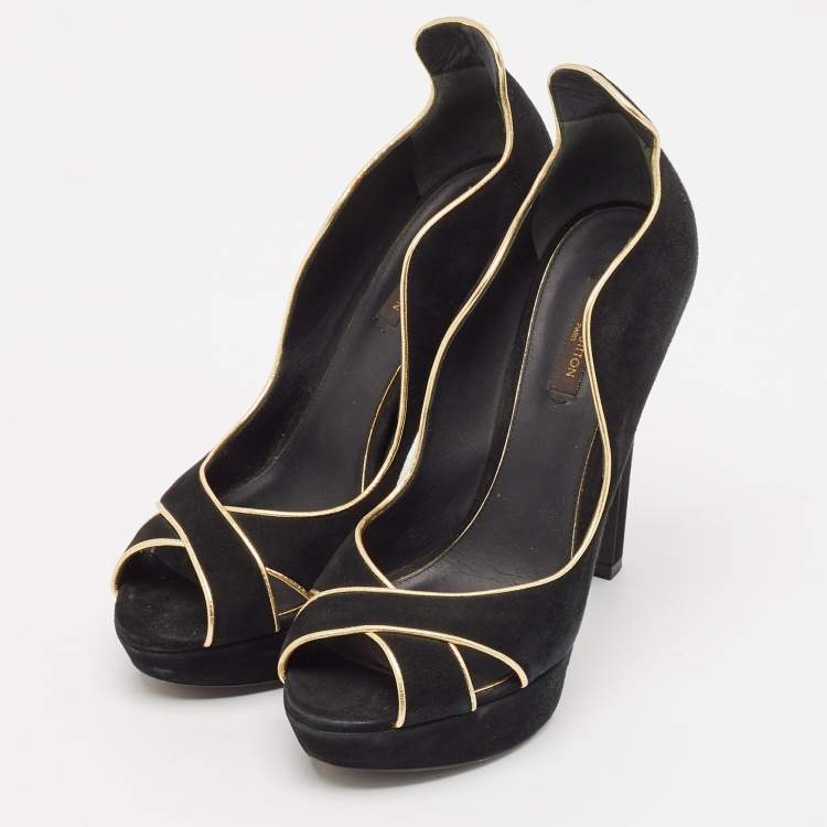 Pre Owned Louis Vuitton Black/Gold Suede Crisscross Peep Toe Pump Size 37.5