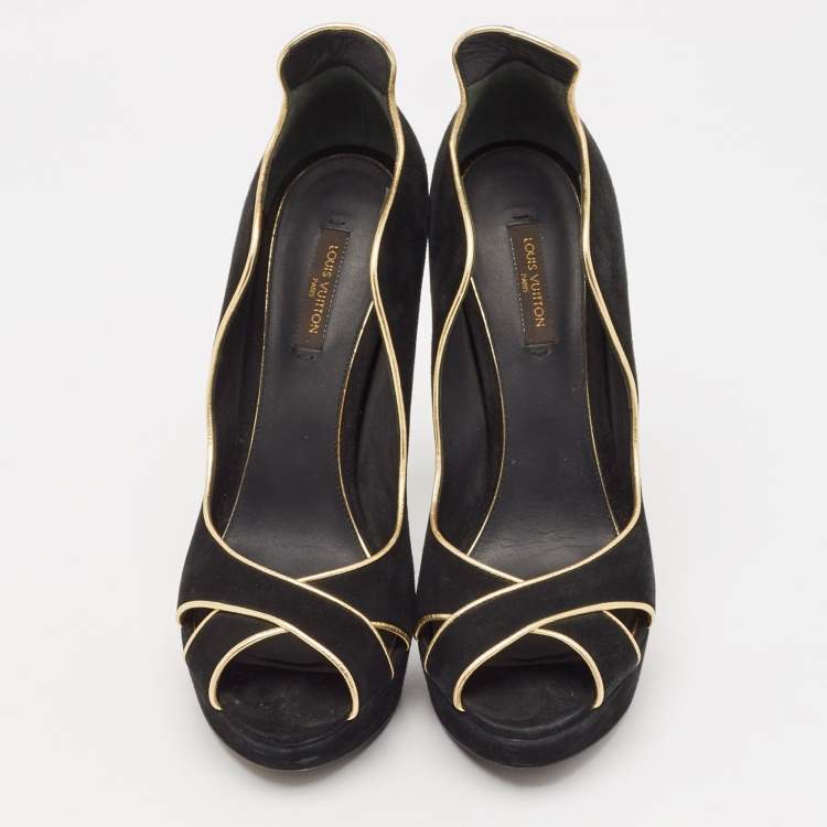 Pre Owned Louis Vuitton Black/Gold Suede Crisscross Peep Toe Pump Size 37.5