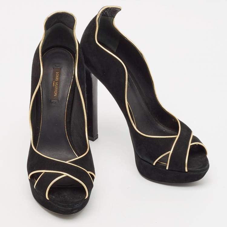 Pre Owned Louis Vuitton Black/Gold Suede Crisscross Peep Toe Pump Size 37.5