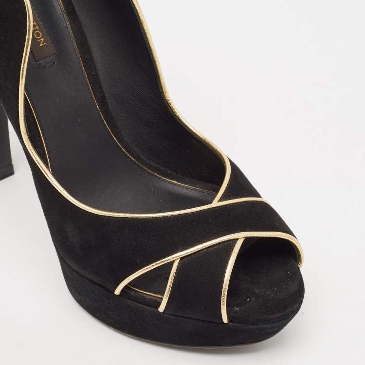 Pre Owned Louis Vuitton Black/Gold Suede Crisscross Peep Toe Pump Size 37.5