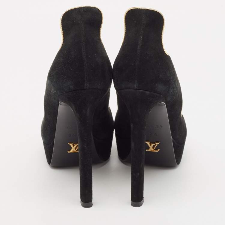 Pre Owned Louis Vuitton Black/Gold Suede Crisscross Peep Toe Pump Size 37.5