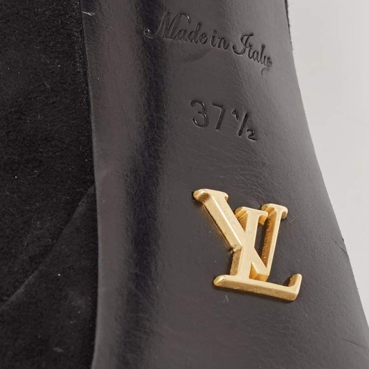 Pre Owned Louis Vuitton Black/Gold Suede Crisscross Peep Toe Pump Size 37.5