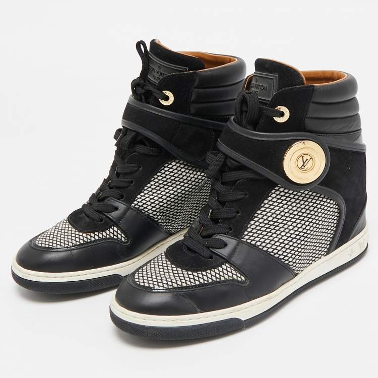 Pre Owned Louis Vuitton Black Leather and Fabric Postmark Wedge Sneakers Size 37.5