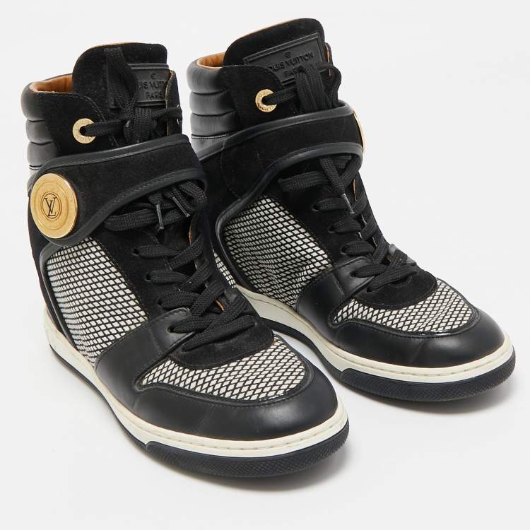 Pre Owned Louis Vuitton Black Leather and Fabric Postmark Wedge Sneakers Size 37.5
