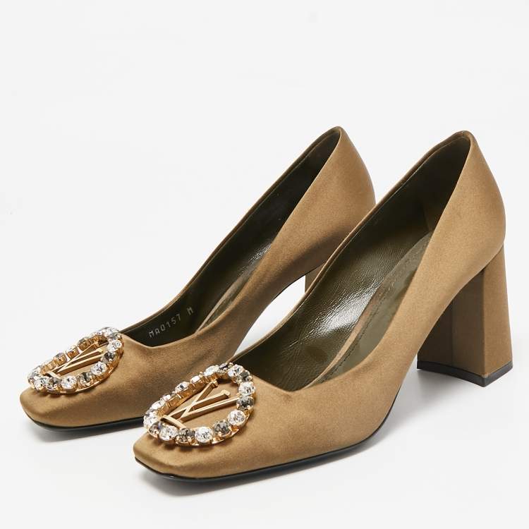 Pre Owned Louis Vuitton Olive Green Satin Crystal Embellished Madeleine Pumps Size 37.5