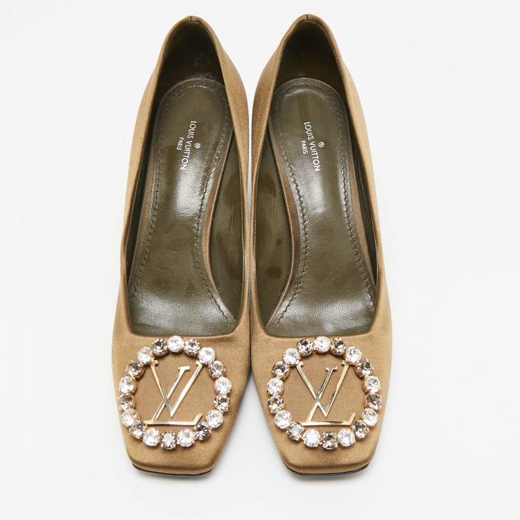 Pre Owned Louis Vuitton Olive Green Satin Crystal Embellished Madeleine Pumps Size 37.5
